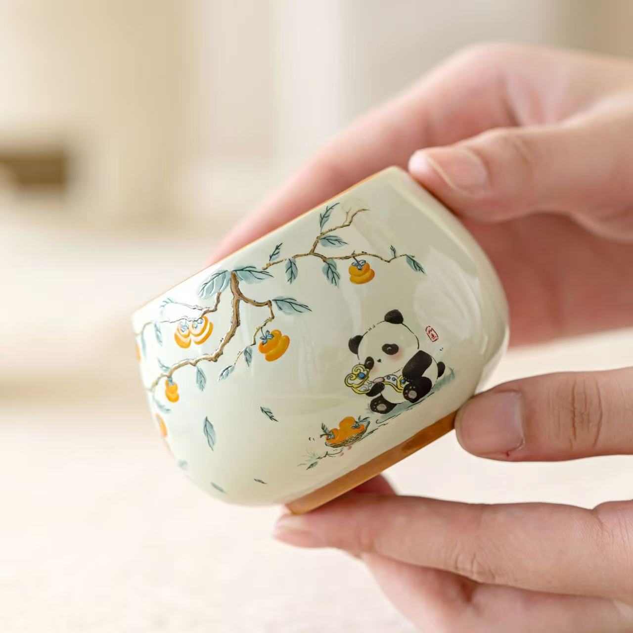 Cute Panda Persimmon Ceramic Tea Cup