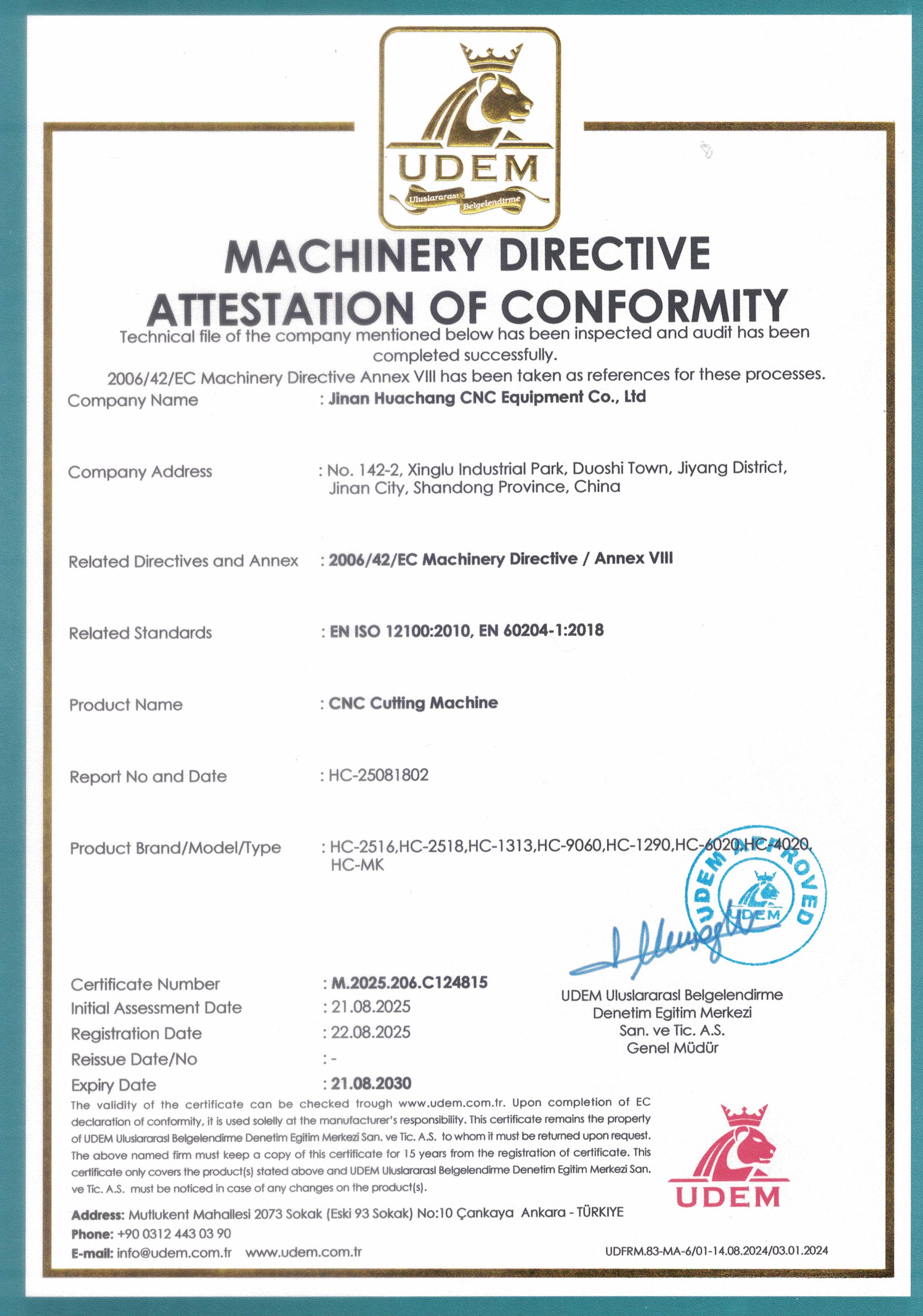 Machinery Directive CE Certificate for CNC Cutting Machine