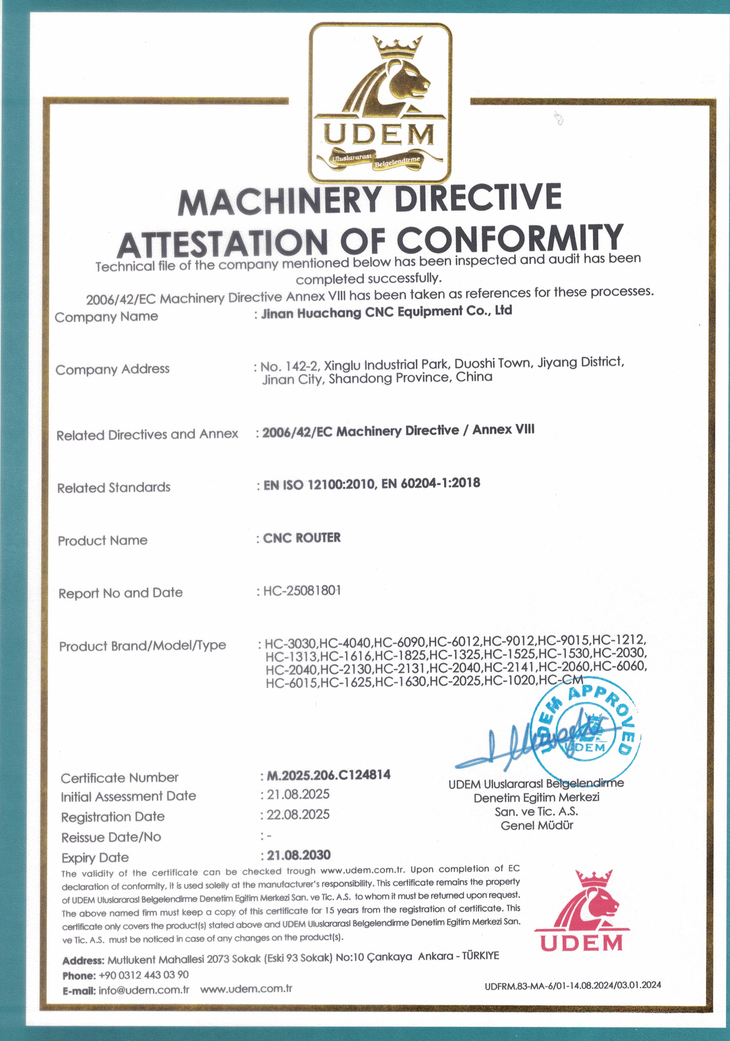 Machinery Directive CE Certificate for CNC Router